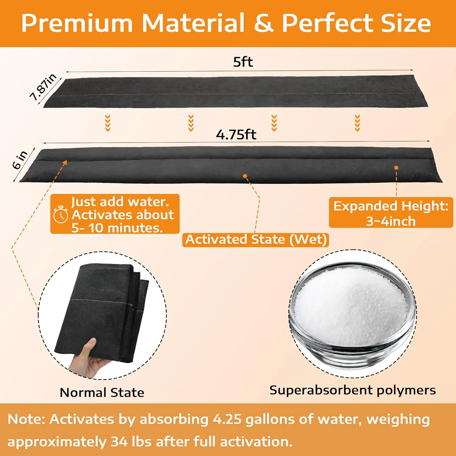 10 Pcs Water Barrier for Flooding 5 FT x 7.8 Inch Absorbent Flood Barriers Home Sandless Sand Bags Reusable Water Absorber Snake for Door Garage Basement Prevention Rain Hurricane