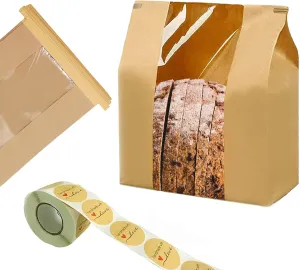 100 Pack Large Kraft Paper Bread Bags for Homemade Bread Sourdough Bags 14" x 8.3" x 3.5" with Tin Tie Tab Lock Clear Front Window Bakery Bag Packaging Cookie Bag with Label Seal Stickers