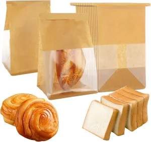100 Pcs Kraft Paper Bags with Window, 6.3 x 10.2 x 5.1 Inch Tin Tie Tab Lock Coffee Food Candy Gift Packaging Brown Window Bread Bags
