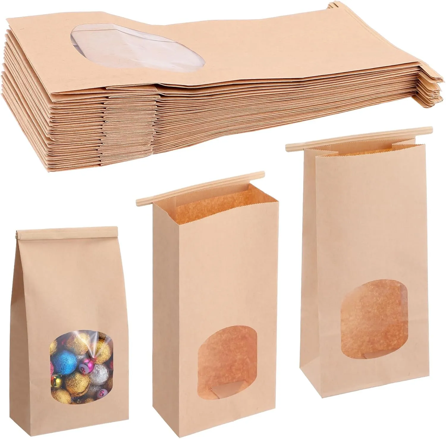 100pcs Small Bakery Bag with Window, Cookie Bag Pastry Bages Kraft Paper Bages, 9.65x6.1x2.76 in Tin Tie Tab Bags Brown Window Bags ﻿