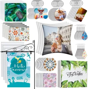 114Pcs Sublimation Blanks Products, Sublimation Blank Set Including DIY Blank Makeup Bag, Keychain, Earring, Pillow Cover, Mouse Pad, Coaster, Garden Flag for Sublimation Transfer Heat Press Craft