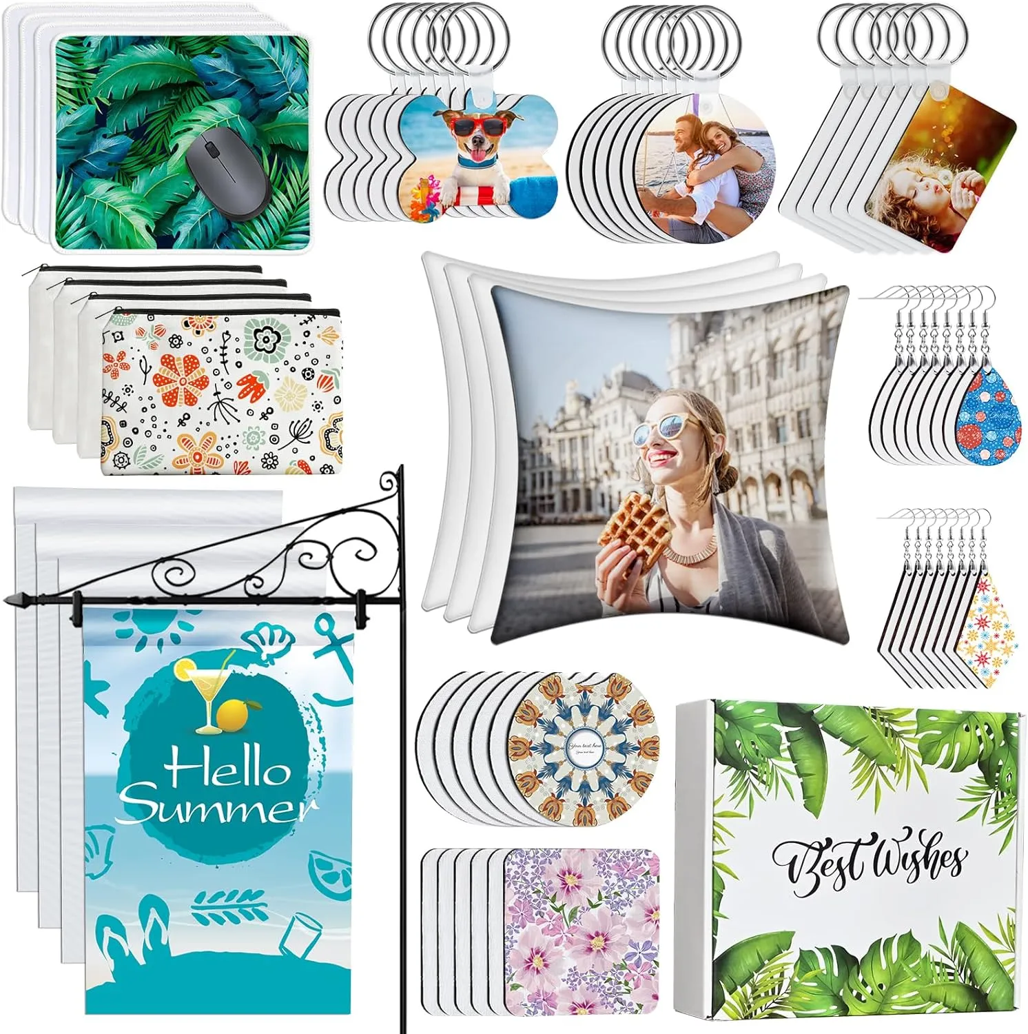 114Pcs Sublimation Blanks Products, Sublimation Blank Set Including DIY Blank Makeup Bag, Keychain, Earring, Pillow Cover, Mouse Pad, Coaster, Garden Flag for Sublimation Transfer Heat Press Craft
