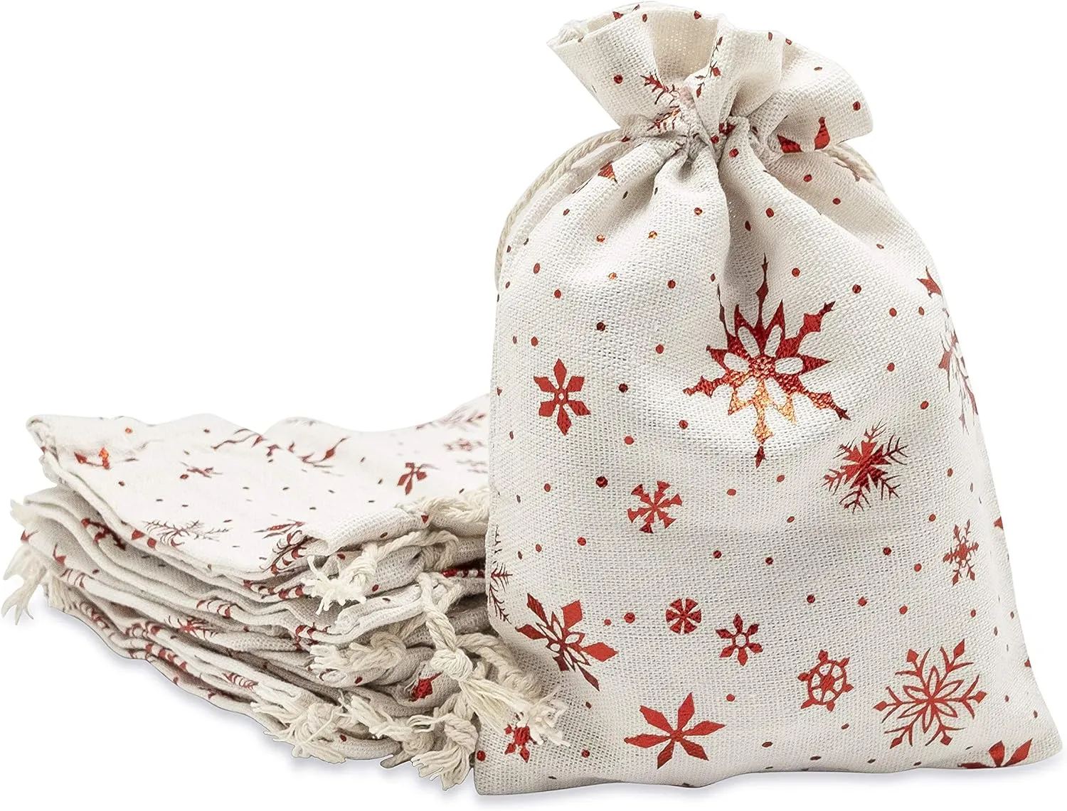 12-Pack 12x16 Reusable Cotton Canvas Muslin Gift Bags w. Drawstrings (Red Snowflakes, X-Large) - for Presents, Party Favors, Retail, Samples by TheDisplayGuys