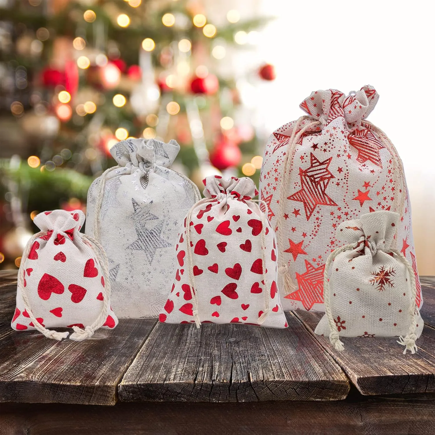12-Pack 12x16 Reusable Cotton Canvas Muslin Gift Bags w. Drawstrings (Red Snowflakes, X-Large) - for Presents, Party Favors, Retail, Samples by TheDisplayGuys