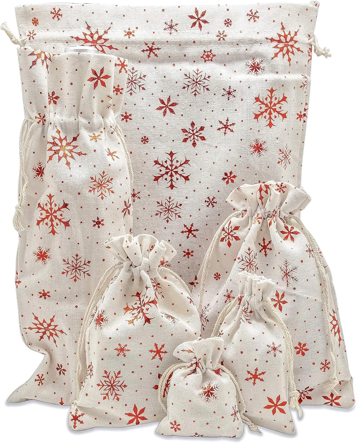 12-Pack 12x16 Reusable Cotton Canvas Muslin Gift Bags w. Drawstrings (Red Snowflakes, X-Large) - for Presents, Party Favors, Retail, Samples by TheDisplayGuys