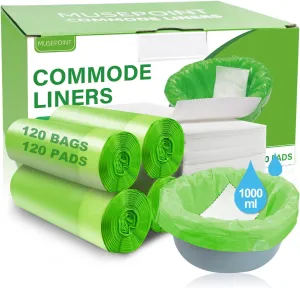 120 Pack Commode Liners with 120 Super Absorbent Pads, Disposable Leakproof Bags for Bedside Commode, Universal Fit for Standard Toilet Chair Buckets