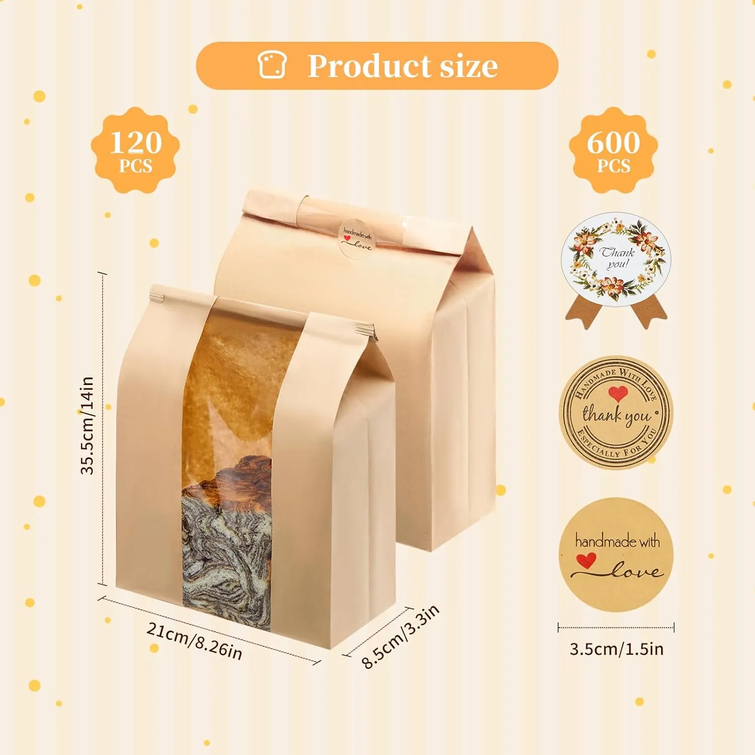 120 Pack Large Kraft Paper Bread Loaf Bag with Tin Tie Tab Lock ，for Homemade Bread Loaf Bags 14" x 8.3" x 3.5"，Sourdough Bread Bags with Clear Front Window for Baked Food Packaging Storage. (120)