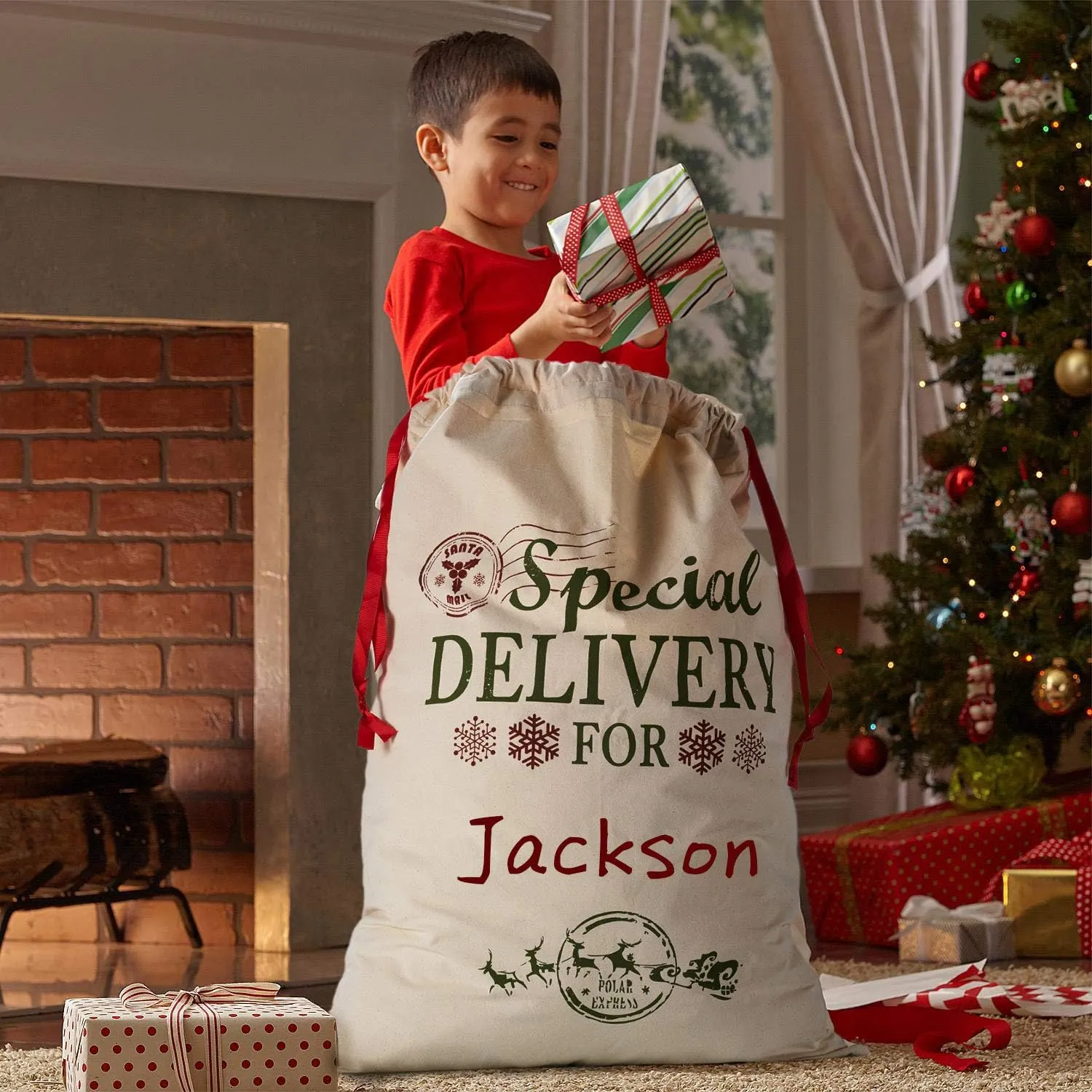 2 Pack Santa Sacks Extra Large Personalized Christmas Canvas Bags with Red Drawstring for Xmas Stockings Stuffers Presents Holder & Party Decorations for Kids (39.4" X 27.6")