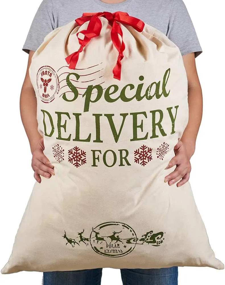 2 Pack Santa Sacks Extra Large Personalized Christmas Canvas Bags with Red Drawstring for Xmas Stockings Stuffers Presents Holder & Party Decorations for Kids (39.4" X 27.6")