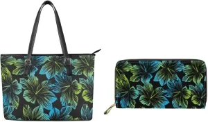 2 Pcs Women's Polynesian Print Handbags Sets PU Leather Large Capacity Tote Bags Lightweight Zippered Clutch Wallet