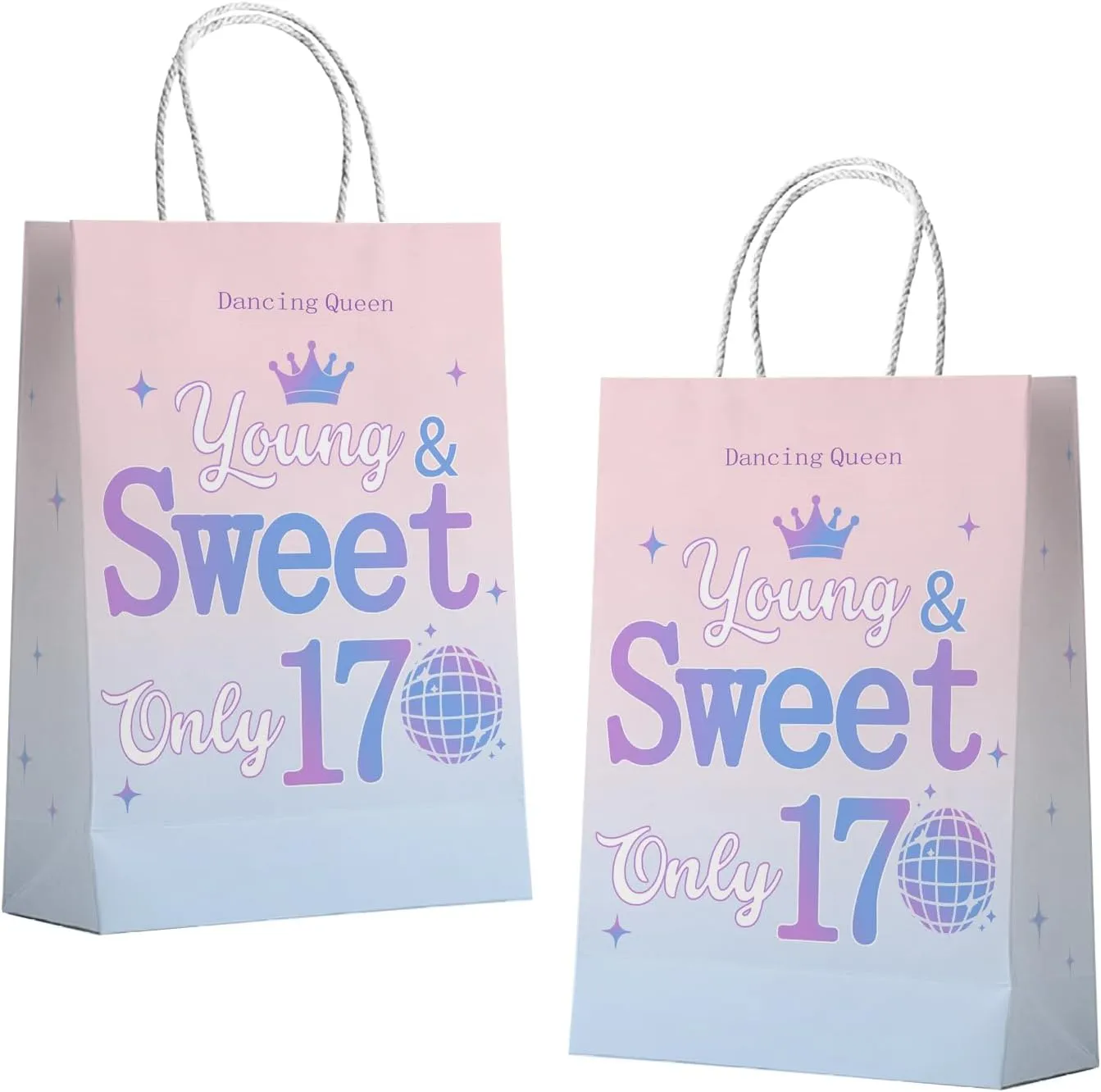 20 PCS Dancing Queen Young & Sweet Only 17 Paper Party Gift Bags,Dancing Queen 17th Birthday Paper Presents Bag,Young Sweet Seventeen Years Old Birthday Goodie Gift Bag