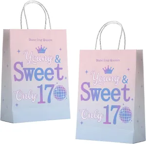 20 PCS Dancing Queen Young & Sweet Only 17 Paper Party Gift Bags,Dancing Queen 17th Birthday Paper Presents Bag,Young Sweet Seventeen Years Old Birthday Goodie Gift Bag