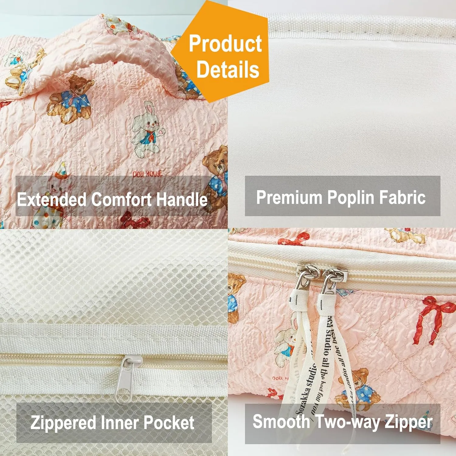 2025 New Cute Cartoon Doll House Pink Makeup Bags for Women Girls，Large Cosmetic Travel Quilted Cotton & Poplin Fabric Skincare Make Up Organizer Bag, Aesthetic Bathroom Portable Brush Case Pouch