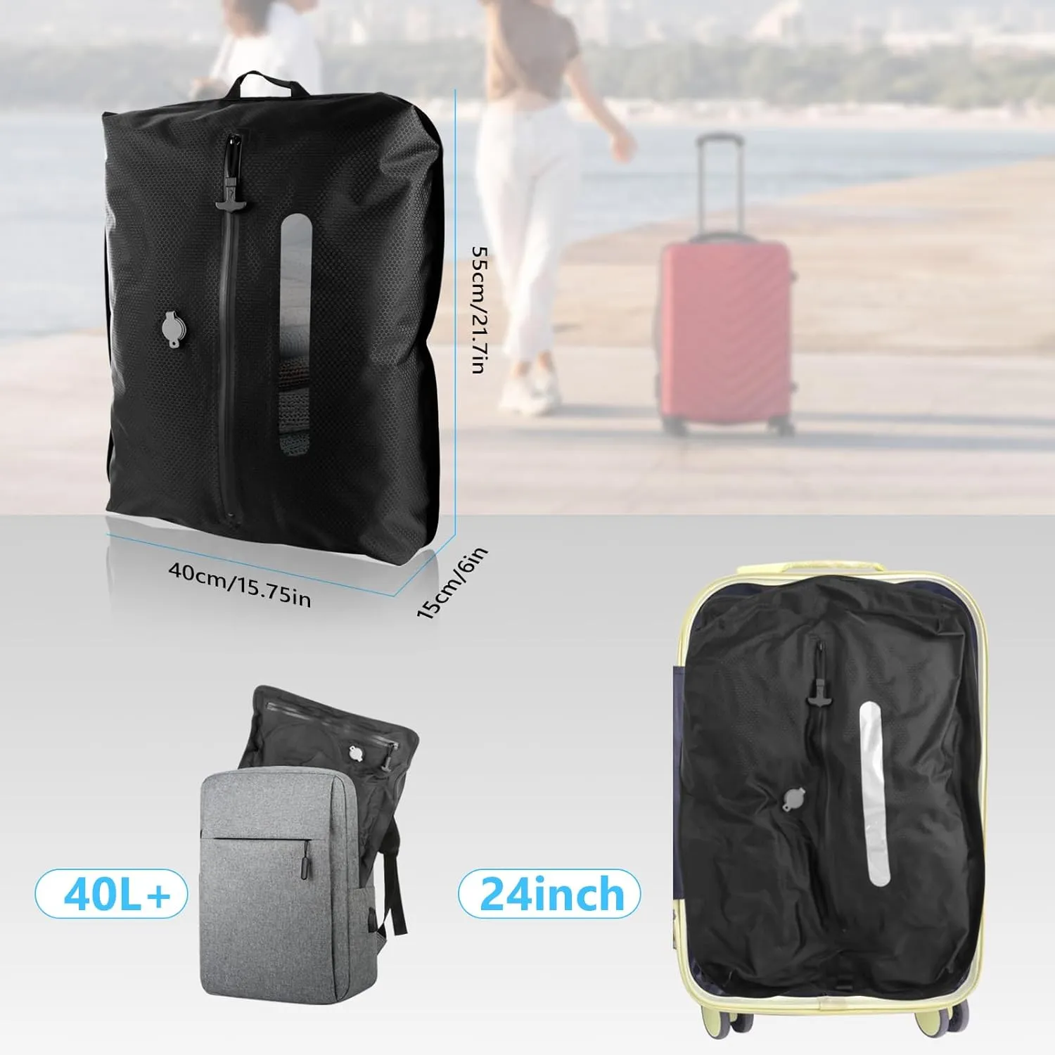 2025 Vacuum Bags for Travel with See-Through Window Space Saver Vacuum Seal Bags for Clothing Travel IP67 Reusable Packing Organizers for Luggage, Backpack, Suitcase Black 1PC No Pump