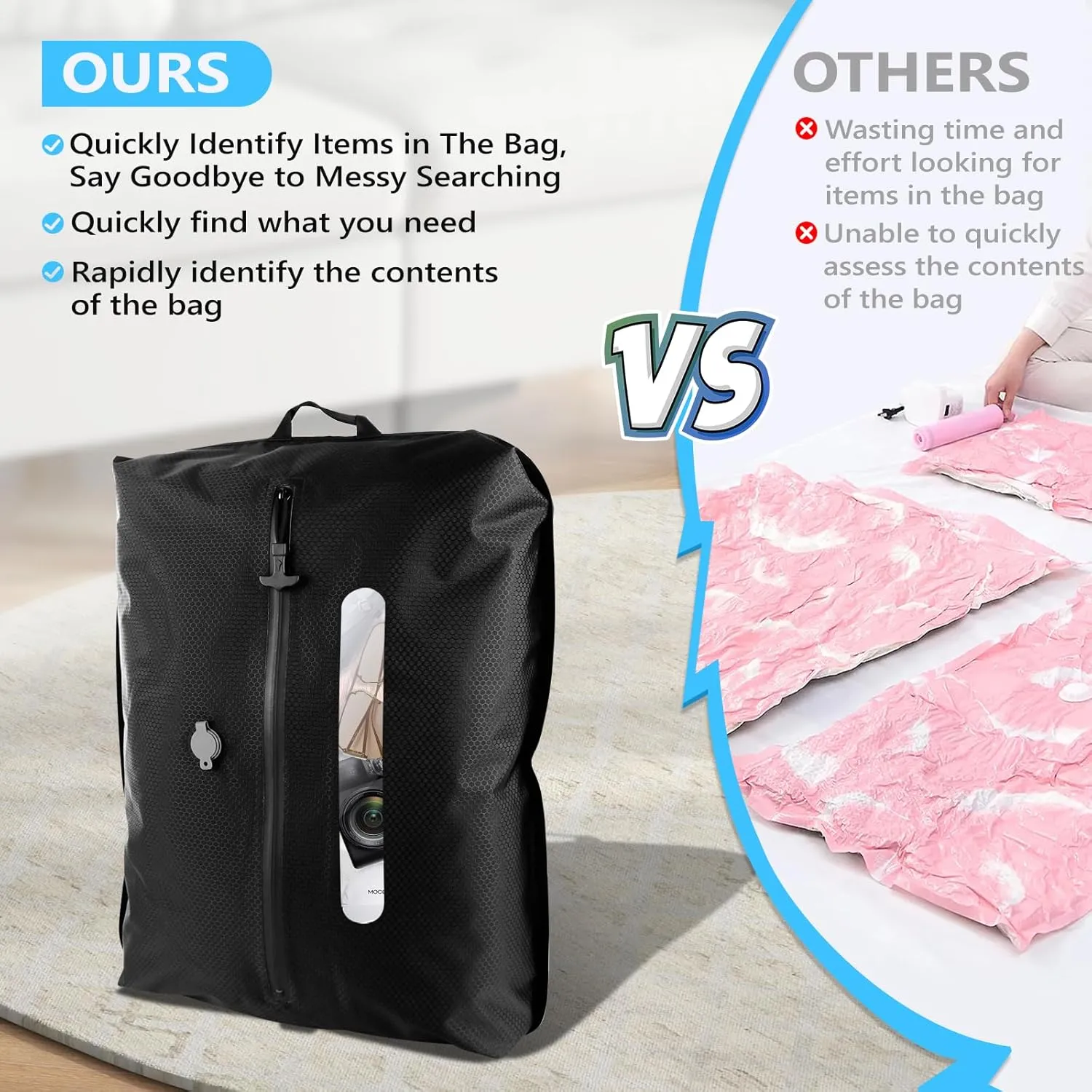 2025 Vacuum Bags for Travel with See-Through Window Space Saver Vacuum Seal Bags for Clothing Travel IP67 Reusable Packing Organizers for Luggage, Backpack, Suitcase Black 1PC No Pump