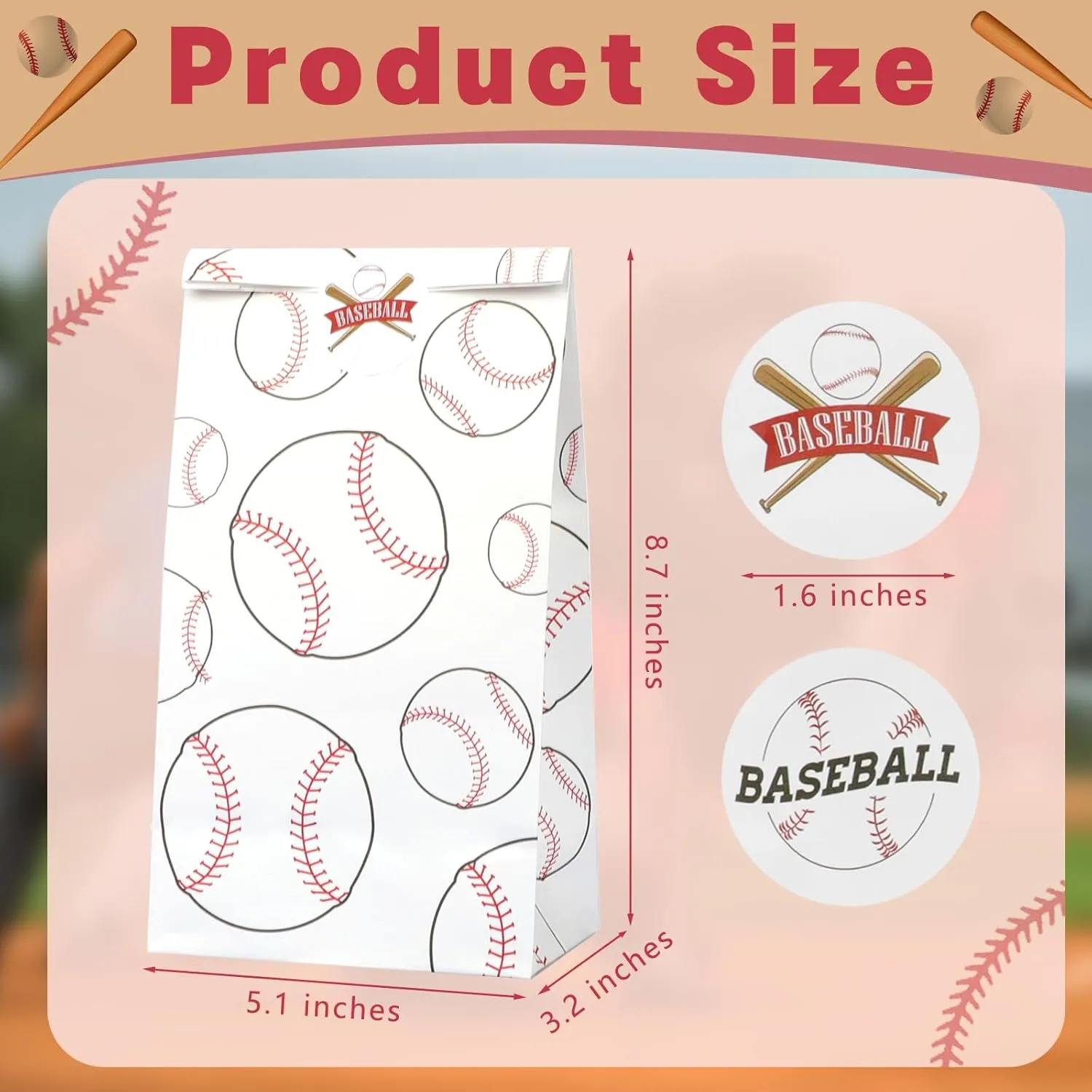 24 Pack Baseball Gift Bags Team Snack Party Favor for Kids Baseball Goodie Candy Treat Bags with Fun Stickers for Sports, Games Day, Birthday Party Decorations School Supplies (White)