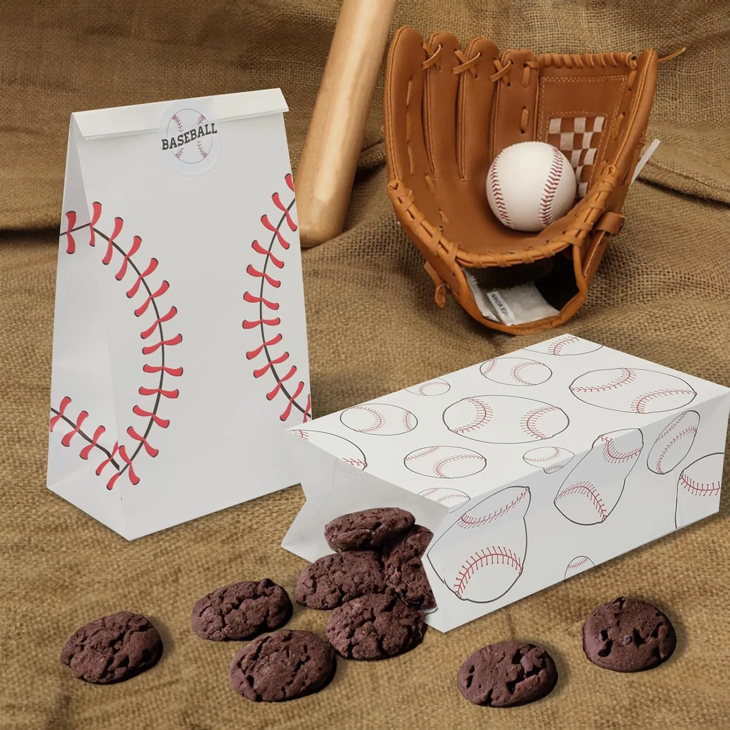 24 Pack Baseball Gift Bags Team Snack Party Favor for Kids Baseball Goodie Candy Treat Bags with Fun Stickers for Sports, Games Day, Birthday Party Decorations School Supplies (White)