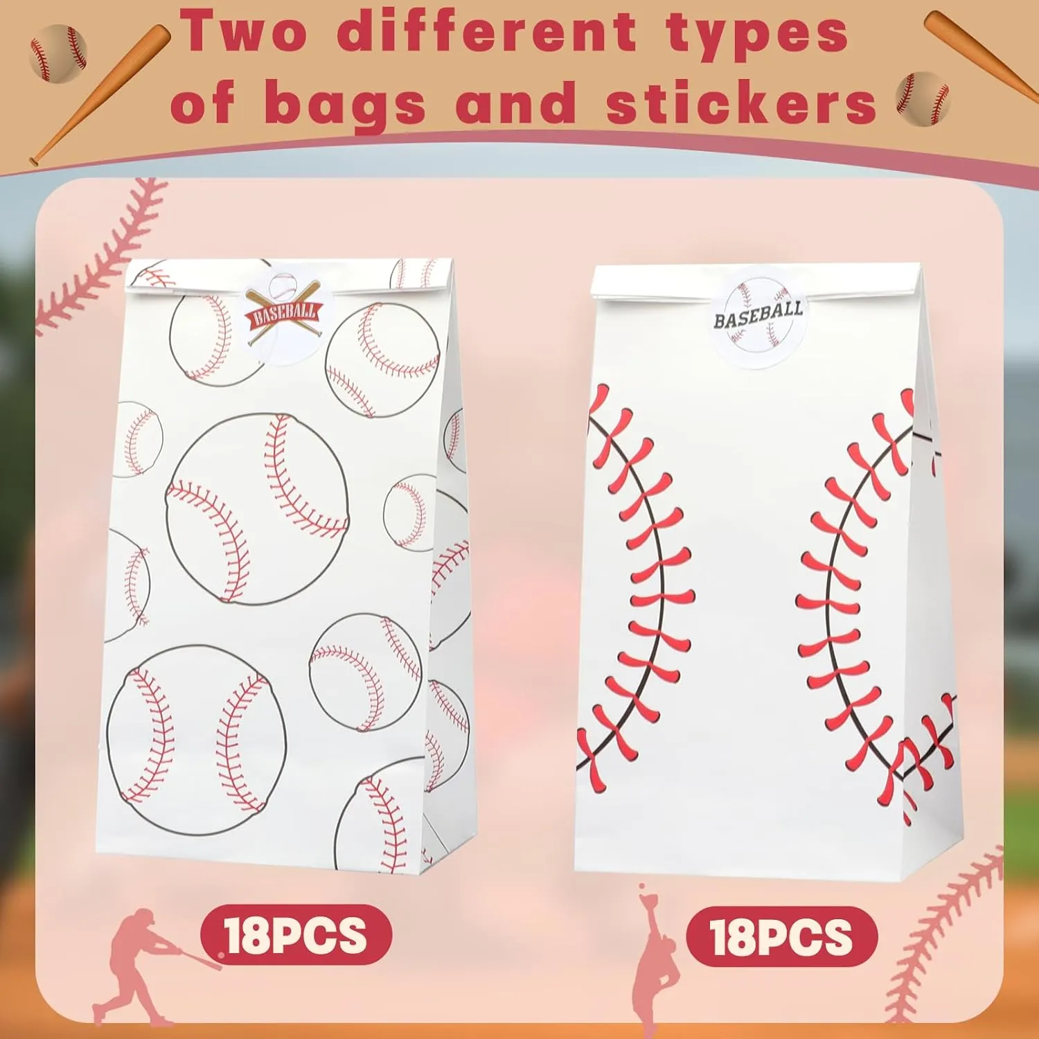 24 Pack Baseball Gift Bags Team Snack Party Favor for Kids Baseball Goodie Candy Treat Bags with Fun Stickers for Sports, Games Day, Birthday Party Decorations School Supplies (White)