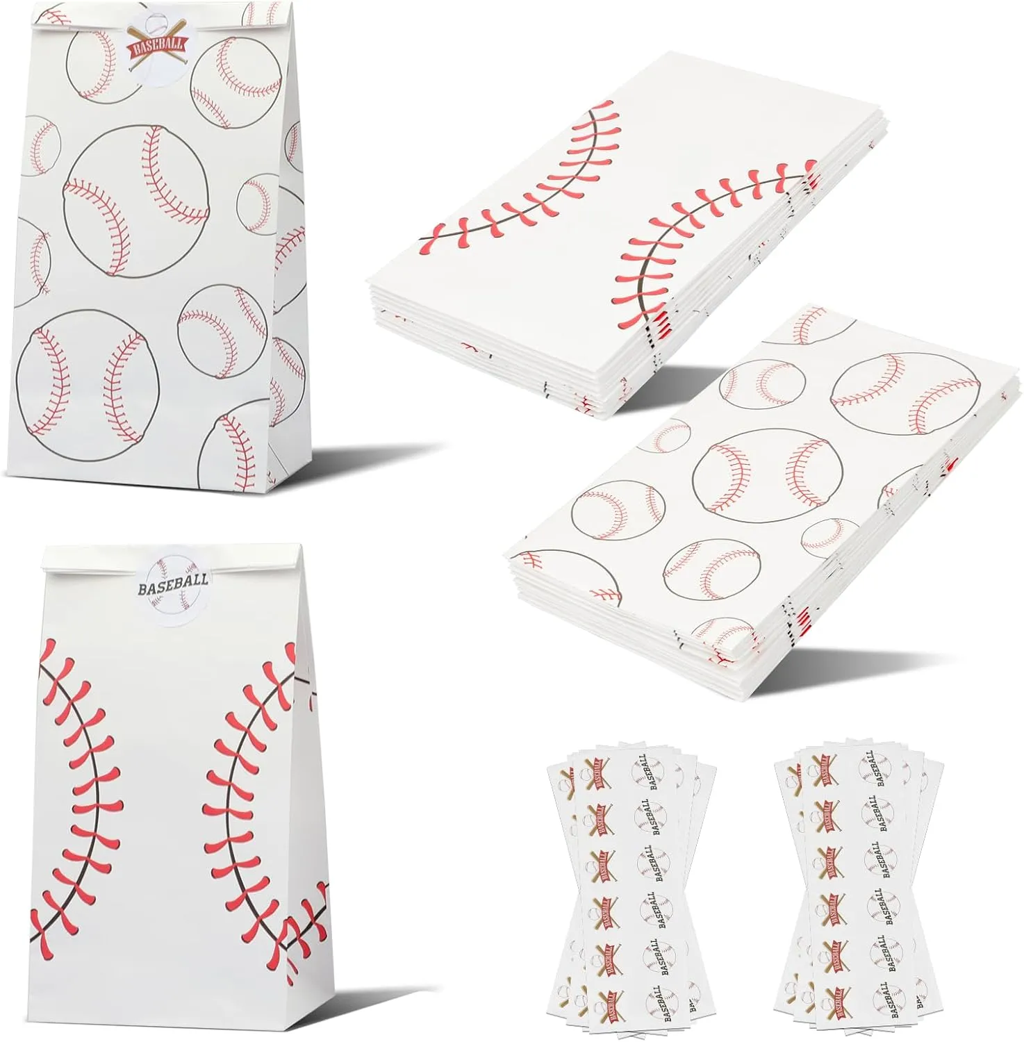 24 Pack Baseball Gift Bags Team Snack Party Favor for Kids Baseball Goodie Candy Treat Bags with Fun Stickers for Sports, Games Day, Birthday Party Decorations School Supplies (White)