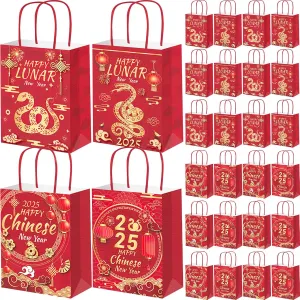 24 Pack Chinese New Year Party Supplies Paper Gift Bags with Handle, Year of the Snake Pattern Lunar New Year Party Favor Treat Bags for Chinese New Year Spring Festival Party Supplies Decoration
