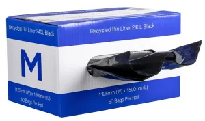 240L Black Recycled Bin Liners x 50's pack (1125mm x 1500mm x 35mu)