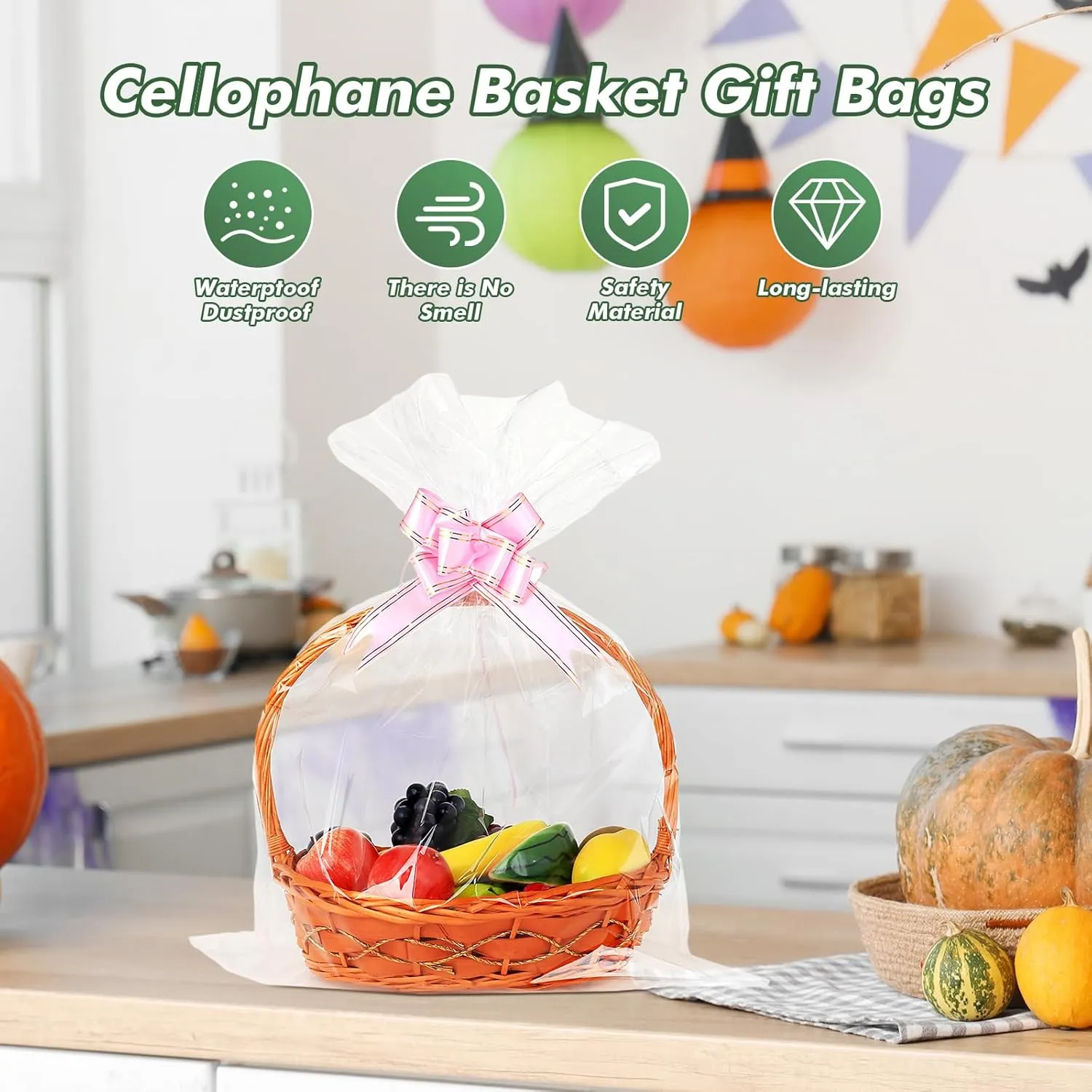 25 Packs Large Cellophane Bags 24" x 30" Clear Cellophane Gift Basket Wraps Extra-large 2.3 Mil Thick Plastic Wrap Bags for Fruit Basket, Gift Wrap, Treats, Arts and Crafts, 25 ct Ribbon Bows