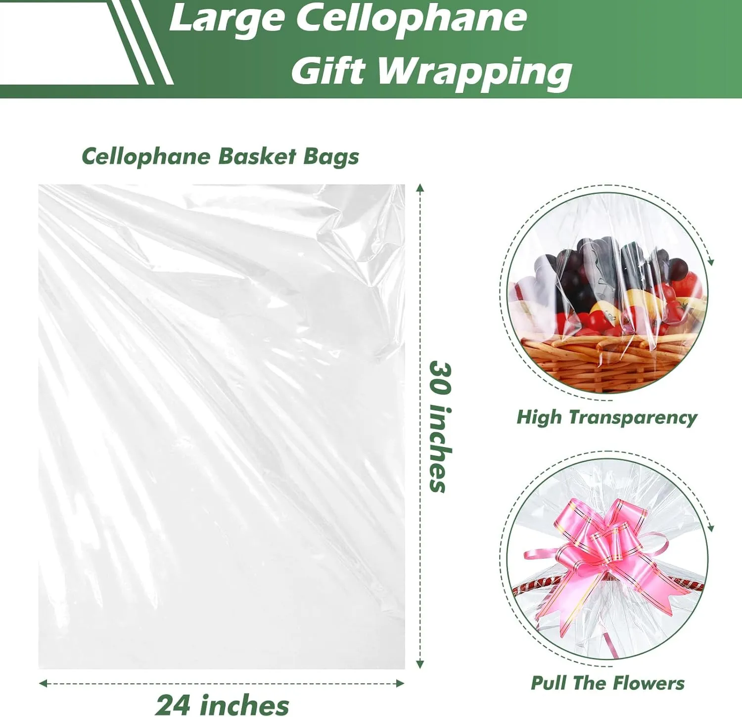25 Packs Large Cellophane Bags 24" x 30" Clear Cellophane Gift Basket Wraps Extra-large 2.3 Mil Thick Plastic Wrap Bags for Fruit Basket, Gift Wrap, Treats, Arts and Crafts, 25 ct Ribbon Bows