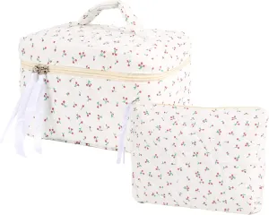 2Pcs Cotton Quilted Makeup Bag Cute Floral Cosmetic Bag With Zipper Portable Travel Toiletry Bag For Women Large Coquette Aesthetic Bag Makeup Organizer Fashion Gift For Travelers