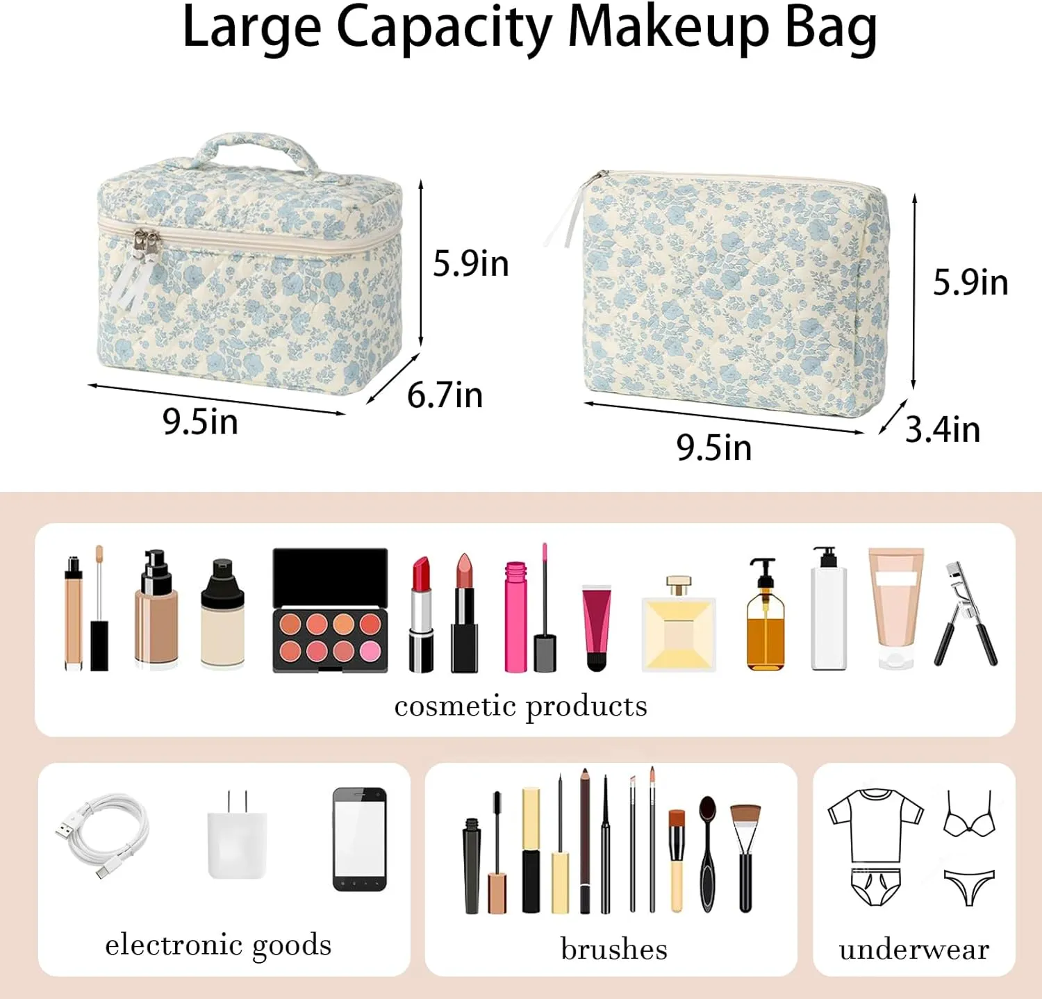 2Pcs Cotton Quilted Makeup Bag Cute Floral Cosmetic Bag with Zipper Portable Travel Toiletry Bag for Women Large Coquette Aesthetic Bag Makeup Organizer Fashion Gift for Travelers