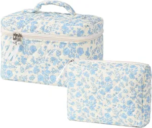 2Pcs Cotton Quilted Makeup Bag Cute Floral Cosmetic Bag with Zipper Portable Travel Toiletry Bag for Women Large Coquette Aesthetic Bag Makeup Organizer Fashion Gift for Travelers