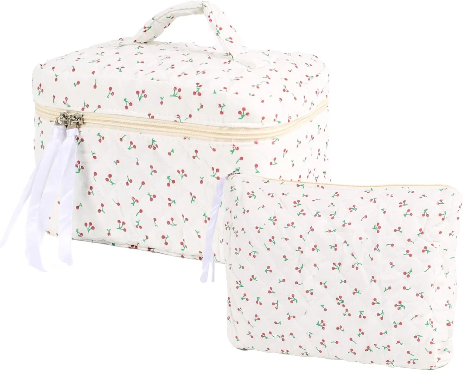 2Pcs Cotton Quilted Makeup Bag Cute Floral Cosmetic Bag With Zipper Portable Travel Toiletry Bag For Women Large Coquette Aesthetic Bag Makeup Organizer Fashion Gift For Travelers