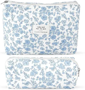 2Pcs Quilted Cotton Makeup Bag Large Travel Makeup Pouch Small Brush Holder Set for Women Floral Coquette Makeup Bag Cute Aesthetic Cosmetic Bag Blue Toiletry Organizer Storage Bag Big Zipper Pouch