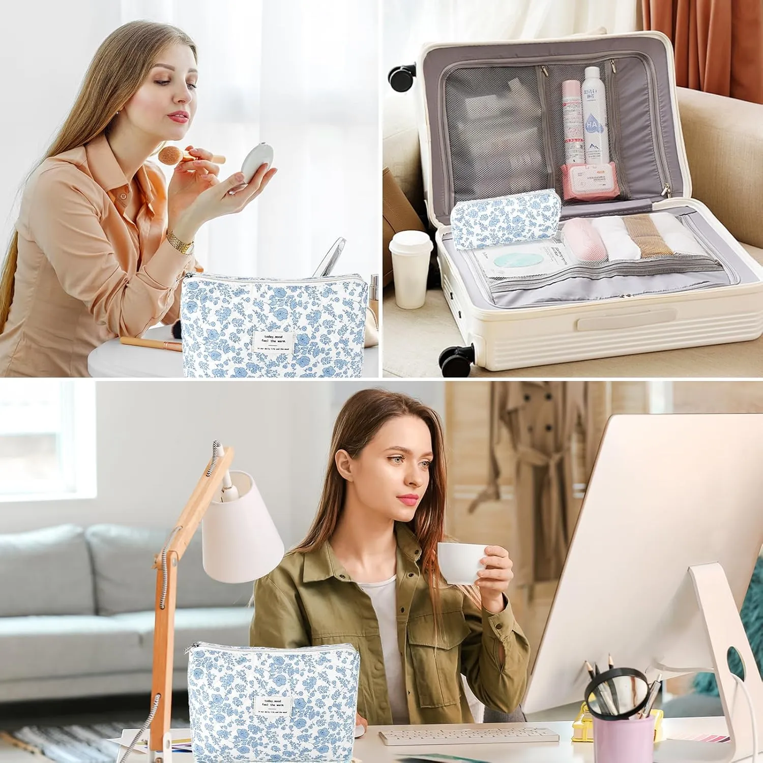 2Pcs Quilted Cotton Makeup Bag Large Travel Makeup Pouch Small Brush Holder Set for Women Floral Coquette Makeup Bag Cute Aesthetic Cosmetic Bag Blue Toiletry Organizer Storage Bag Big Zipper Pouch