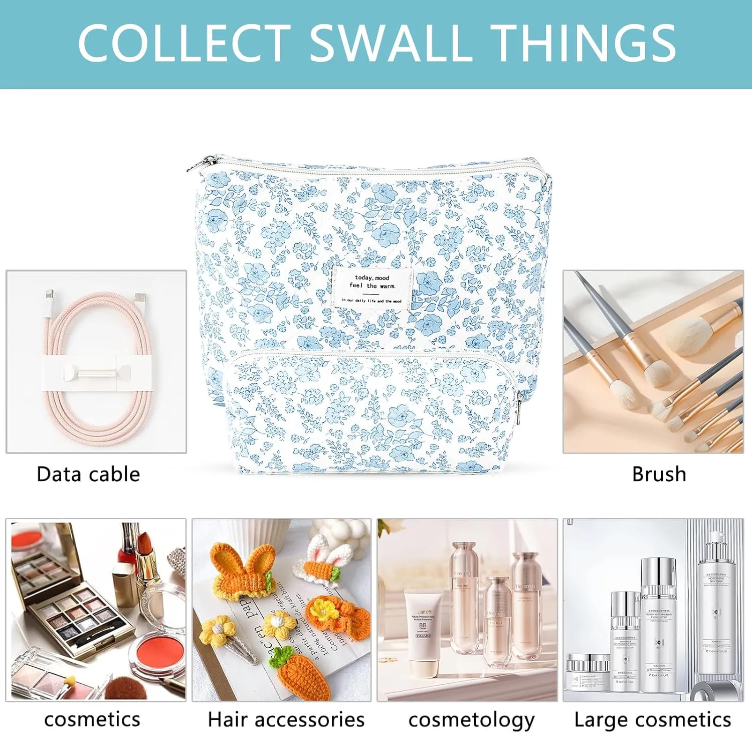 2Pcs Quilted Cotton Makeup Bag Large Travel Makeup Pouch Small Brush Holder Set for Women Floral Coquette Makeup Bag Cute Aesthetic Cosmetic Bag Blue Toiletry Organizer Storage Bag Big Zipper Pouch