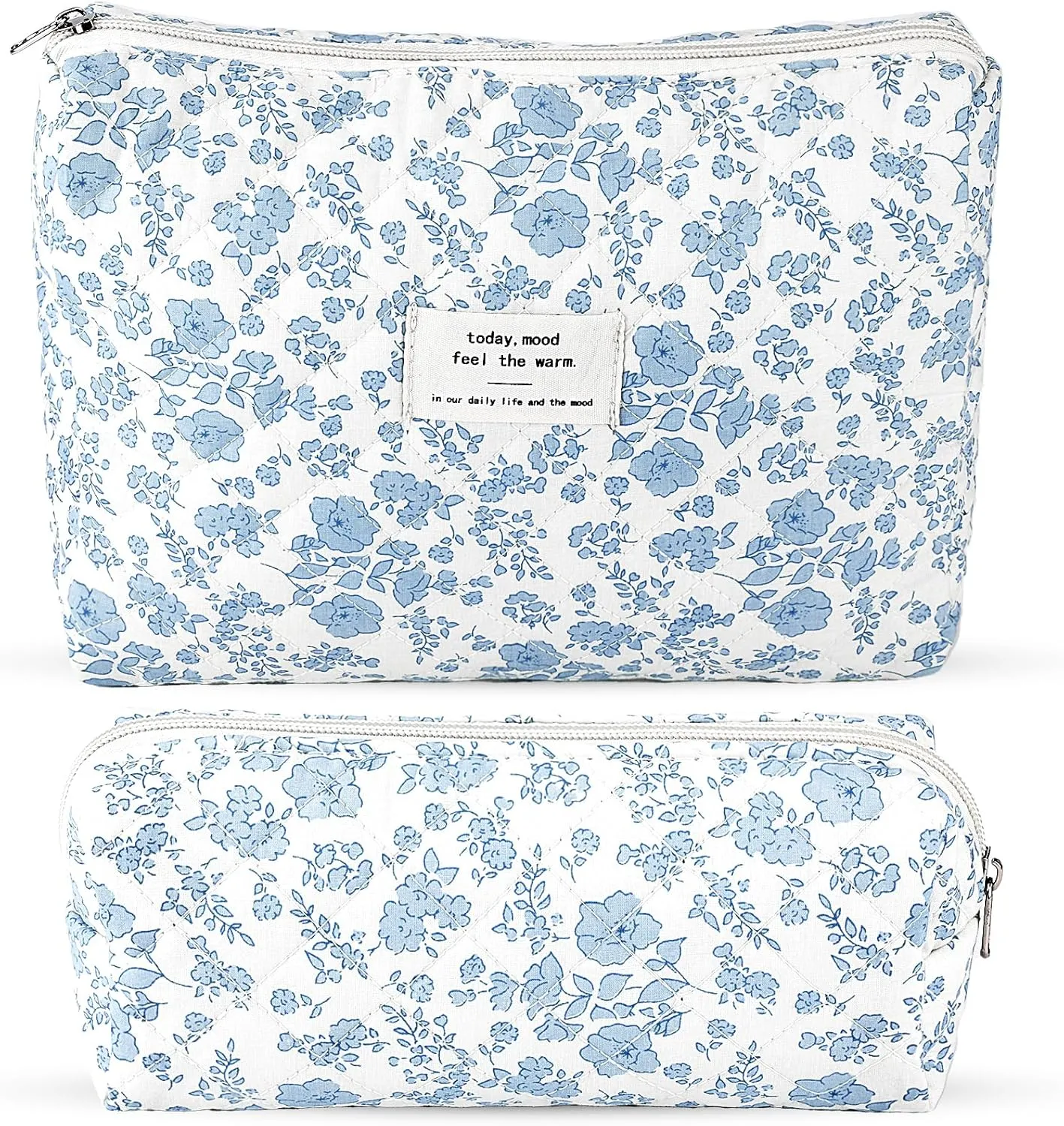 2Pcs Quilted Cotton Makeup Bag Large Travel Makeup Pouch Small Brush Holder Set for Women Floral Coquette Makeup Bag Cute Aesthetic Cosmetic Bag Blue Toiletry Organizer Storage Bag Big Zipper Pouch