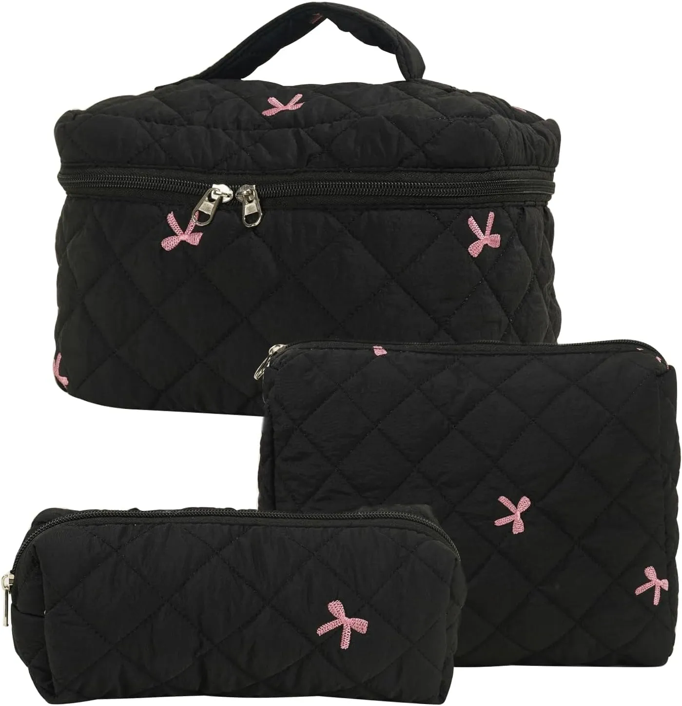 3 Pcs Cotton Quilted Makeup Bag Set, Floral Cotton Cosmetic Bag, Aesthetic Toiletry Travel Organizer Bag for Women (Black Bow)
