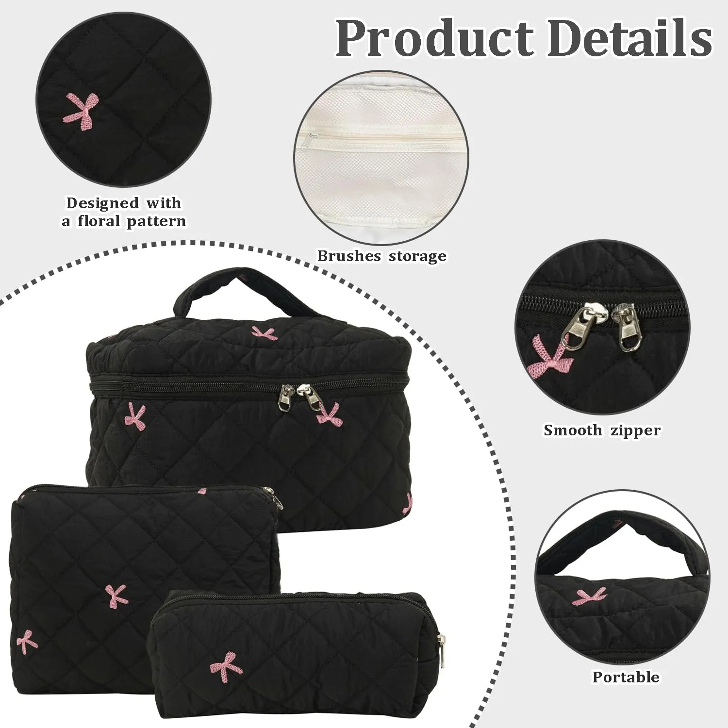 3 Pcs Cotton Quilted Makeup Bag Set, Floral Cotton Cosmetic Bag, Aesthetic Toiletry Travel Organizer Bag for Women (Black Bow)