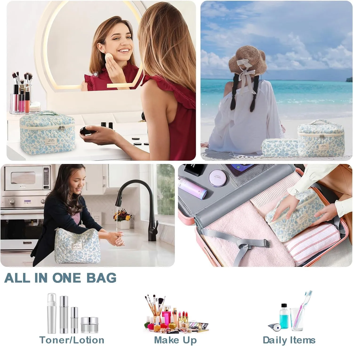 3 Pcs Cotton Quilted Makeup Bag Set, Floral Cotton Cosmetic Bag, Aesthetic Toiletry Travel Organizer Bag for Women (Black Bow)