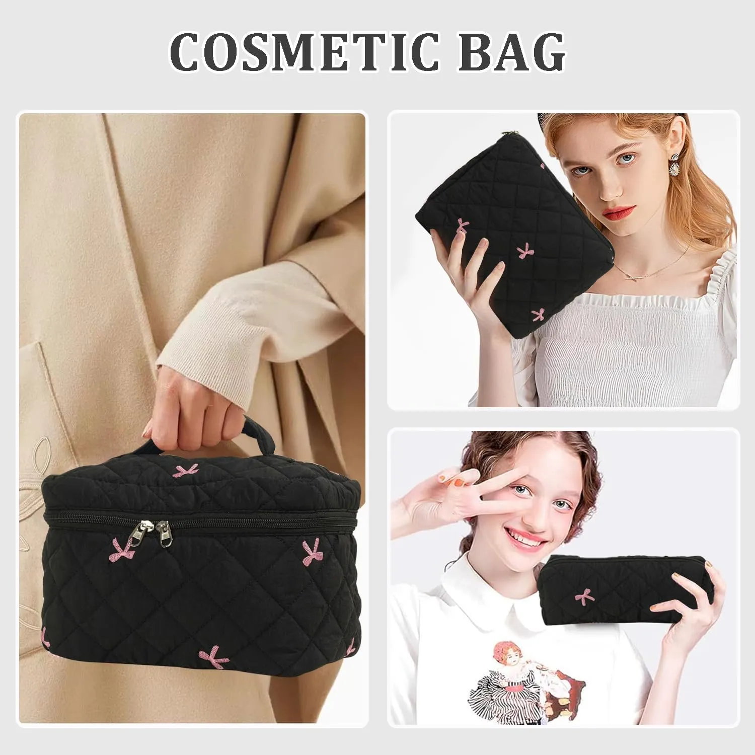 3 Pcs Cotton Quilted Makeup Bag Set, Floral Cotton Cosmetic Bag, Aesthetic Toiletry Travel Organizer Bag for Women (Black Bow)