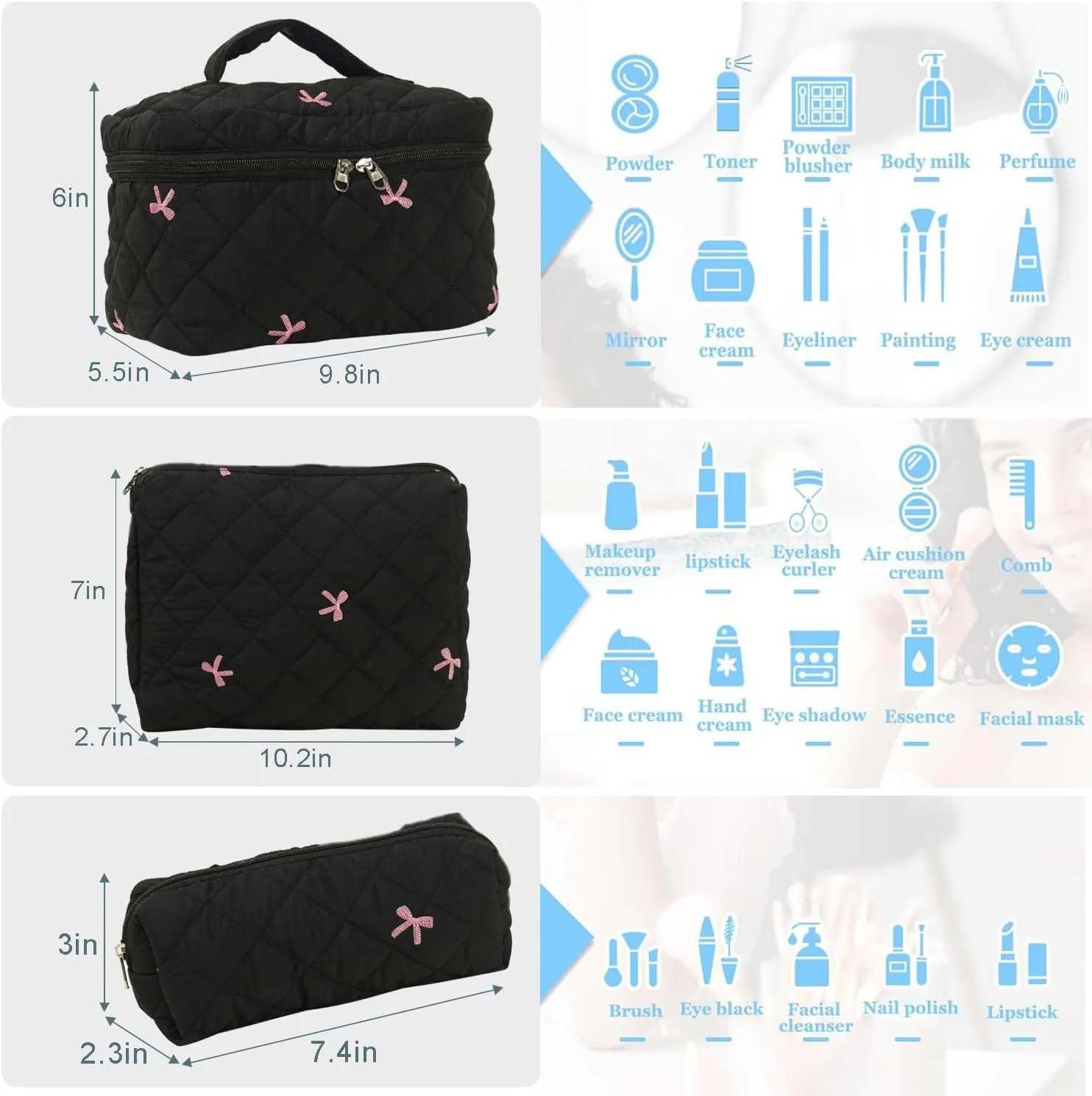 3 Pcs Cotton Quilted Makeup Bag Set, Floral Cotton Cosmetic Bag, Aesthetic Toiletry Travel Organizer Bag for Women (Black Bow)