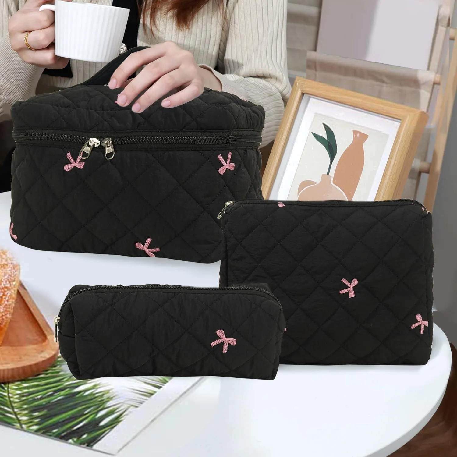 3 Pcs Cotton Quilted Makeup Bag Set, Floral Cotton Cosmetic Bag, Aesthetic Toiletry Travel Organizer Bag for Women (Black Bow)