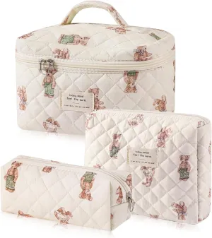 3 Pcs Cotton Quilted Makeup Bag Set, Floral Cotton Cosmetic Bag, Aesthetic Toiletry Travel Organizer Bag for Women Girls (Bear)