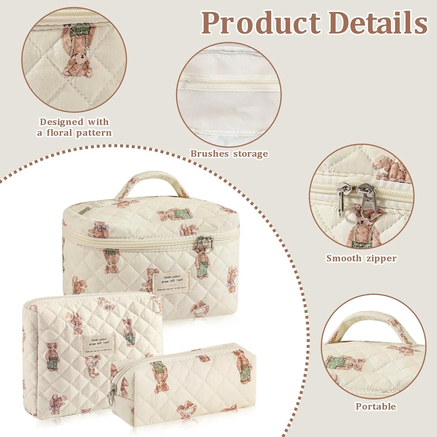 3 Pcs Cotton Quilted Makeup Bag Set, Floral Cotton Cosmetic Bag, Aesthetic Toiletry Travel Organizer Bag for Women Girls (Bear)