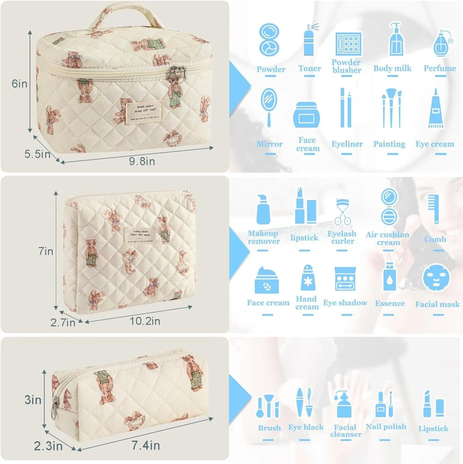 3 Pcs Cotton Quilted Makeup Bag Set, Floral Cotton Cosmetic Bag, Aesthetic Toiletry Travel Organizer Bag for Women Girls (Bear)