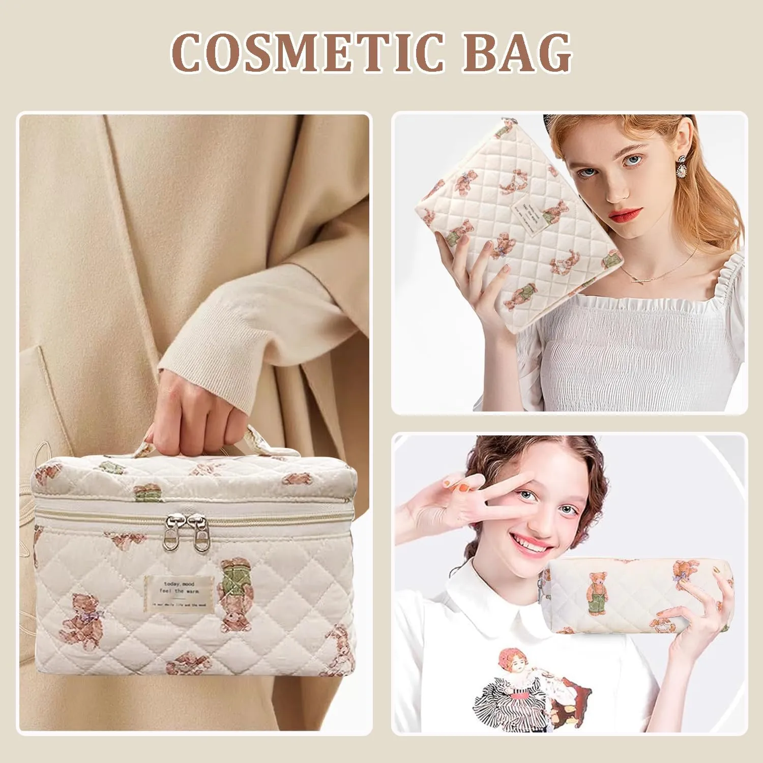 3 Pcs Cotton Quilted Makeup Bag Set, Floral Cotton Cosmetic Bag, Aesthetic Toiletry Travel Organizer Bag for Women Girls (Bear)