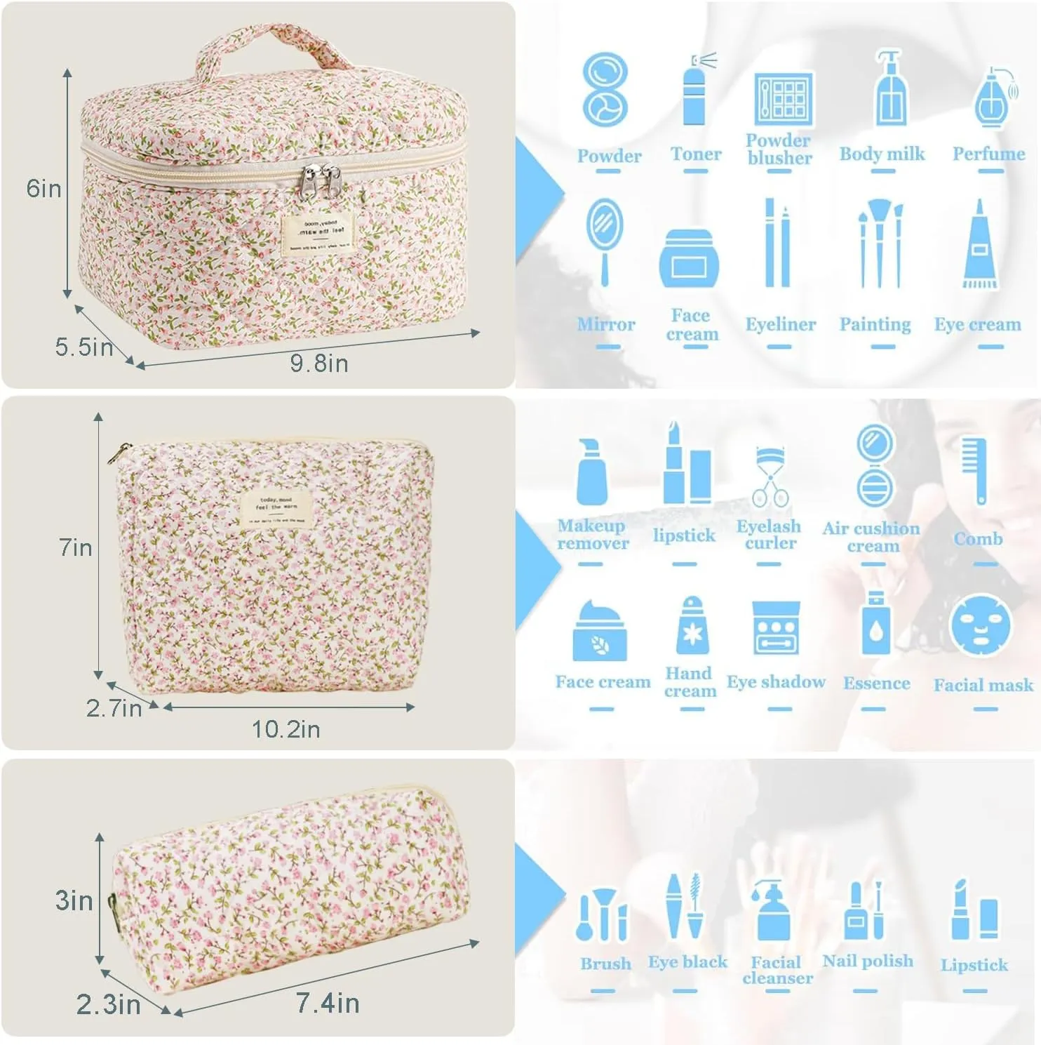 3 Pcs Cotton Quilted Makeup Bag Set, Floral Cotton Cosmetic Bag, Aesthetic Toiletry Travel Organizer Bag for Women(Little Pink Flower)