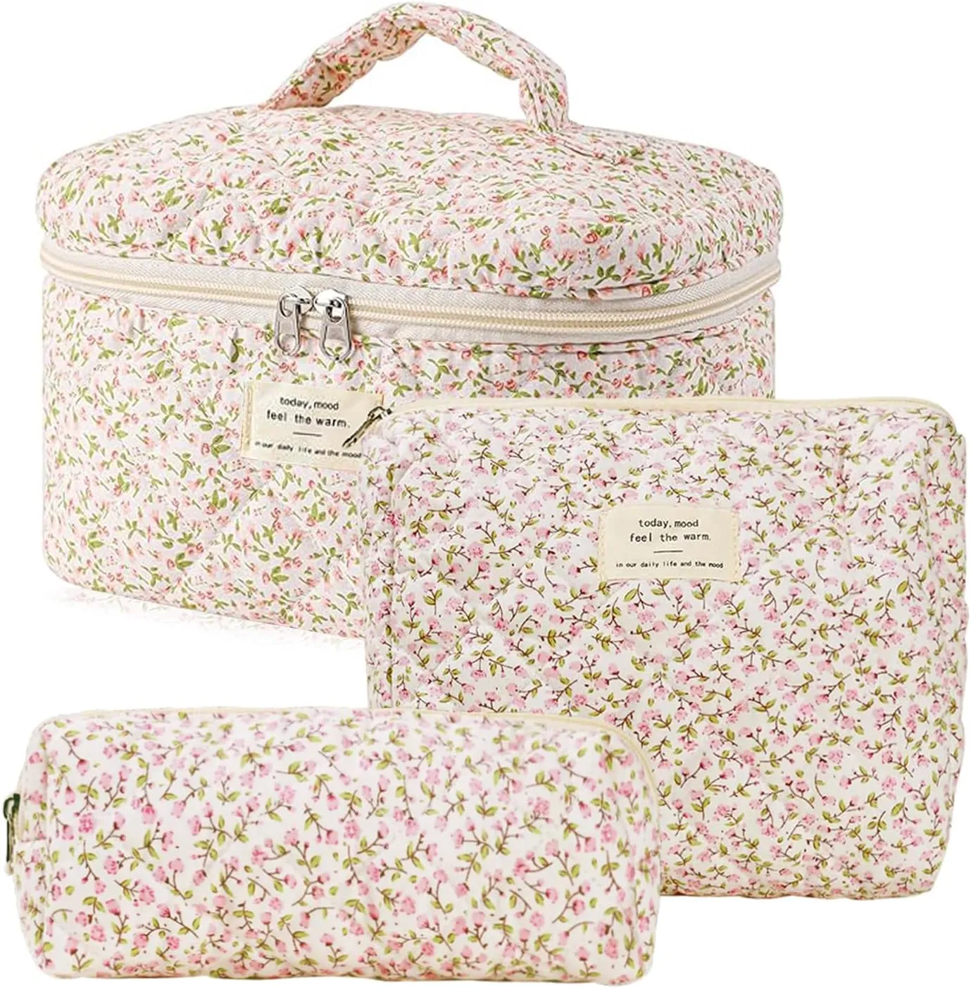 3 Pcs Cotton Quilted Makeup Bag Set, Floral Cotton Cosmetic Bag, Aesthetic Toiletry Travel Organizer Bag for Women(Little Pink Flower)