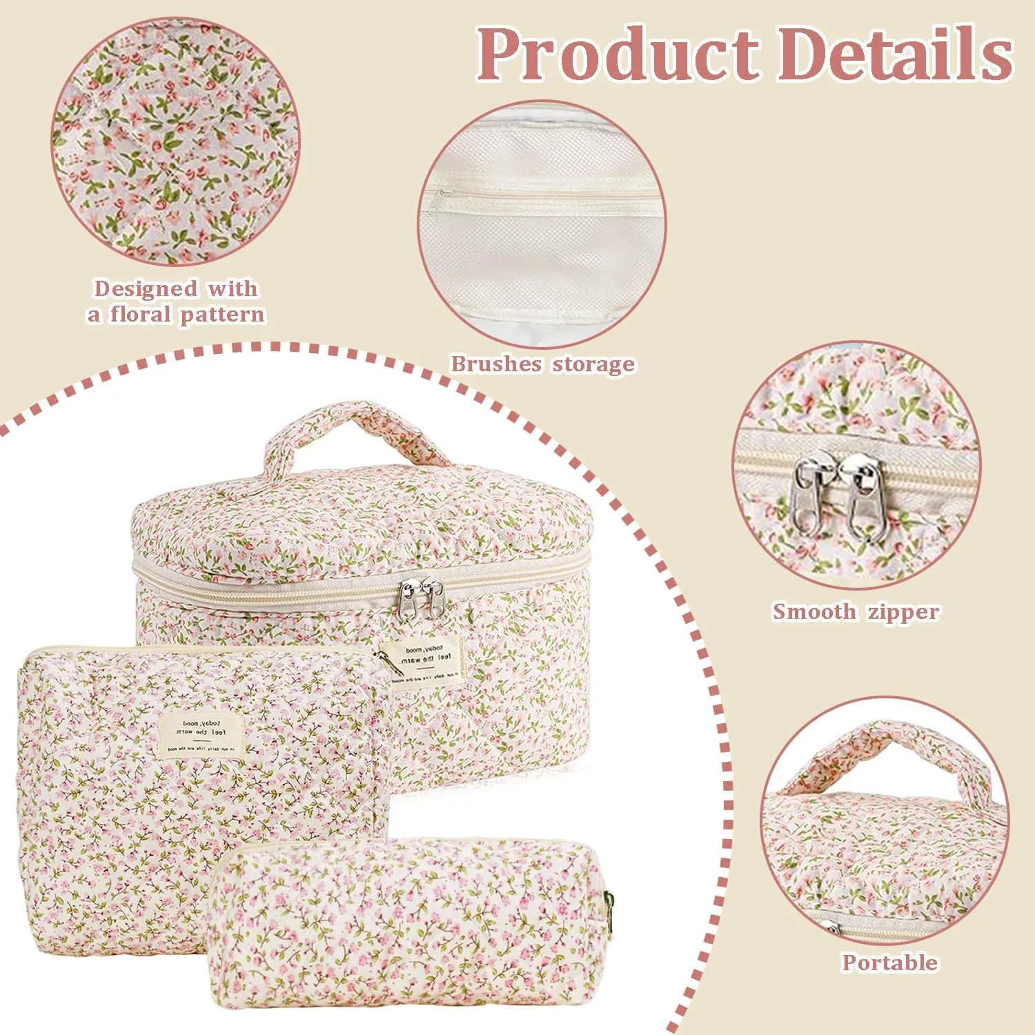 3 Pcs Cotton Quilted Makeup Bag Set, Floral Cotton Cosmetic Bag, Aesthetic Toiletry Travel Organizer Bag for Women(Little Pink Flower)