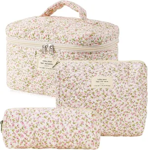 3 Pcs Cotton Quilted Makeup Bag Set, Floral Cotton Cosmetic Bag, Aesthetic Toiletry Travel Organizer Bag for Women(Little Pink Flower)