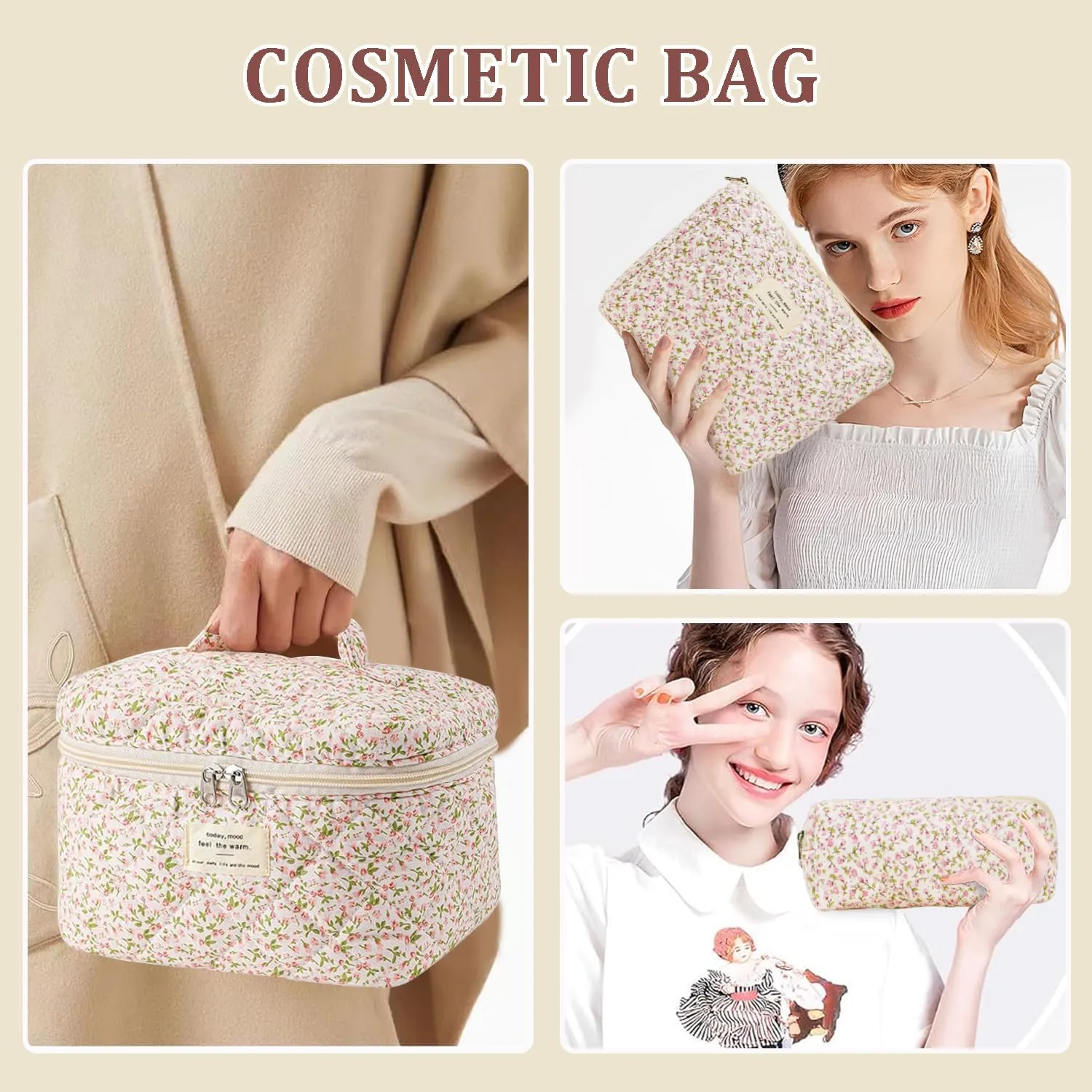 3 Pcs Cotton Quilted Makeup Bag Set, Floral Cotton Cosmetic Bag, Aesthetic Toiletry Travel Organizer Bag for Women(Little Pink Flower)